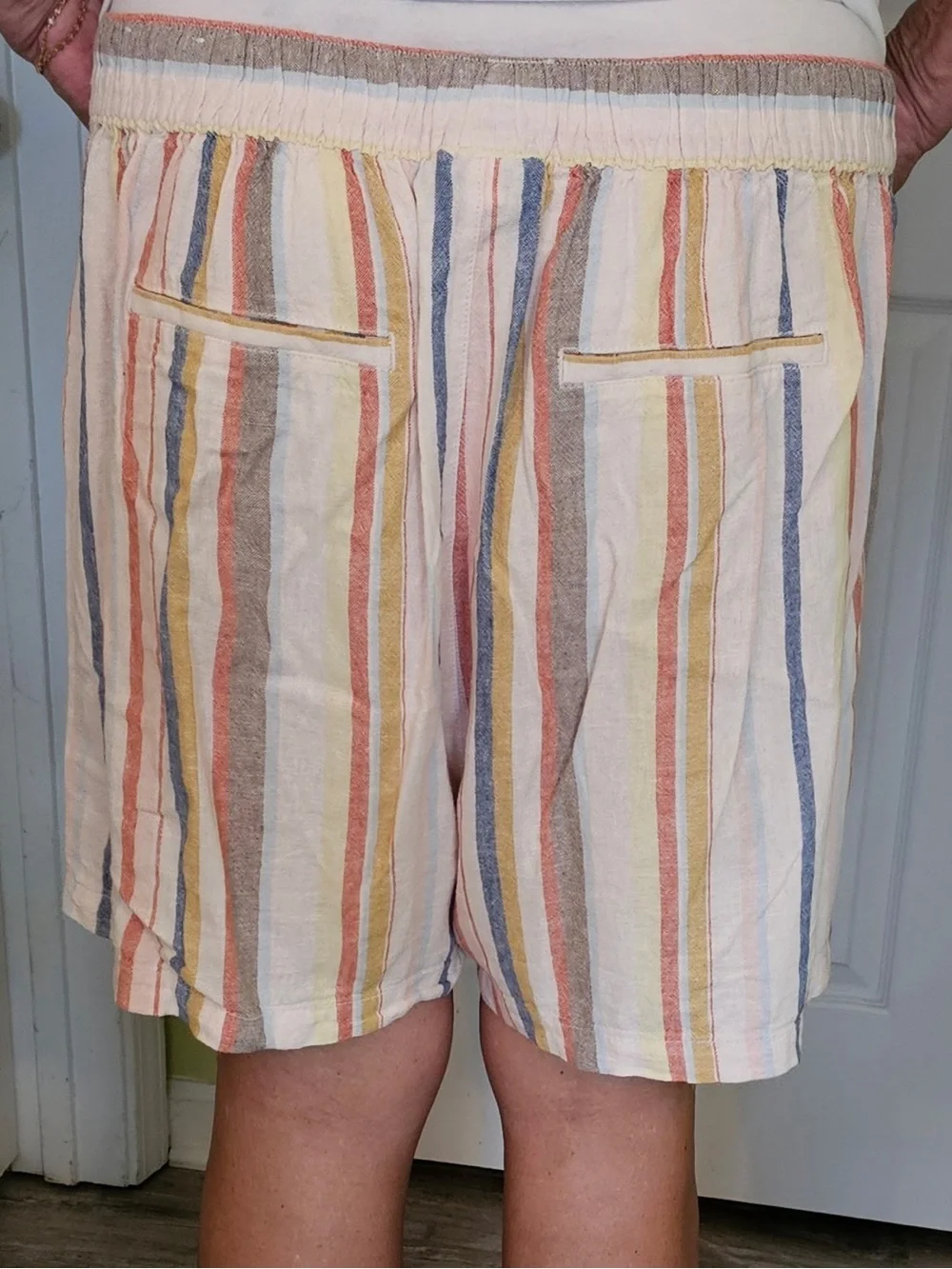 Striped Linen-Blend Shorts in Multicolor with pockets and drawstring.